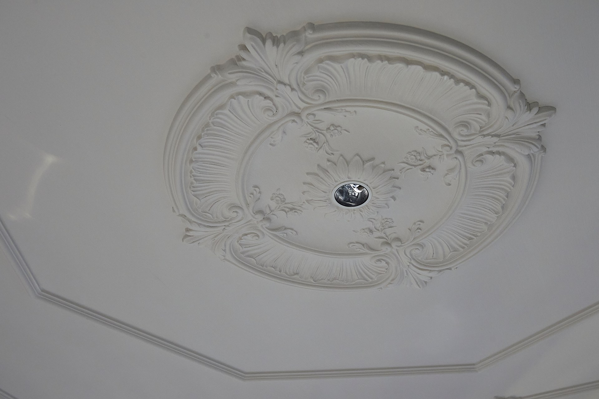 Rosace ornée avec des détails sculptés, qui met en valeur la décoration architecturale du plafond.