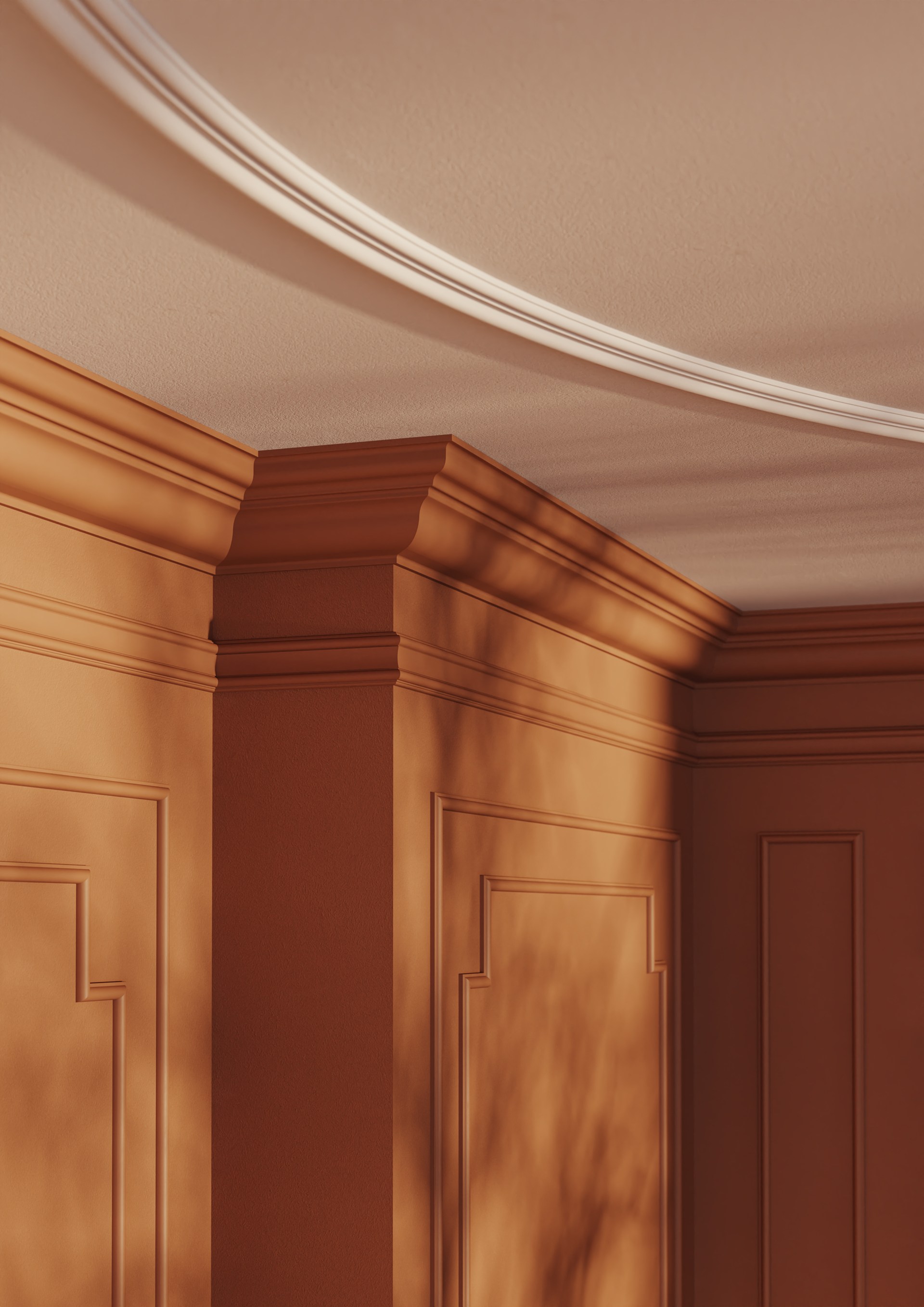 Des corniches décoratives qui délimitent le périmètre de la pièce et mettent en valeur la structure architecturale du plafond.