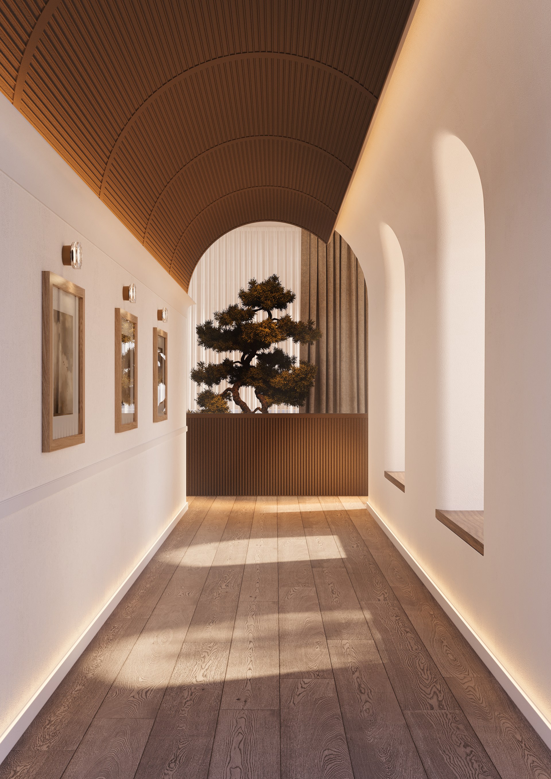 Panneaux muraux linéaires posés au plafond, formant une surface courbe au rythme architectural marqué.